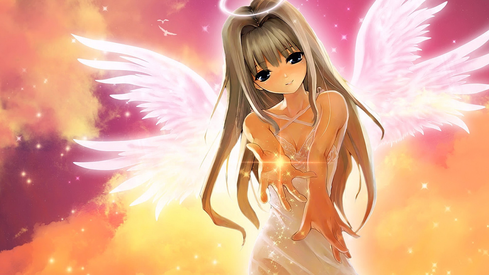 ilustrare, anime, fete anime, ochi albaștrii, aripi, înger, personaje originale, mitologie, captură de ecran, tapet de calculator, caracter fictional, femeie războinic