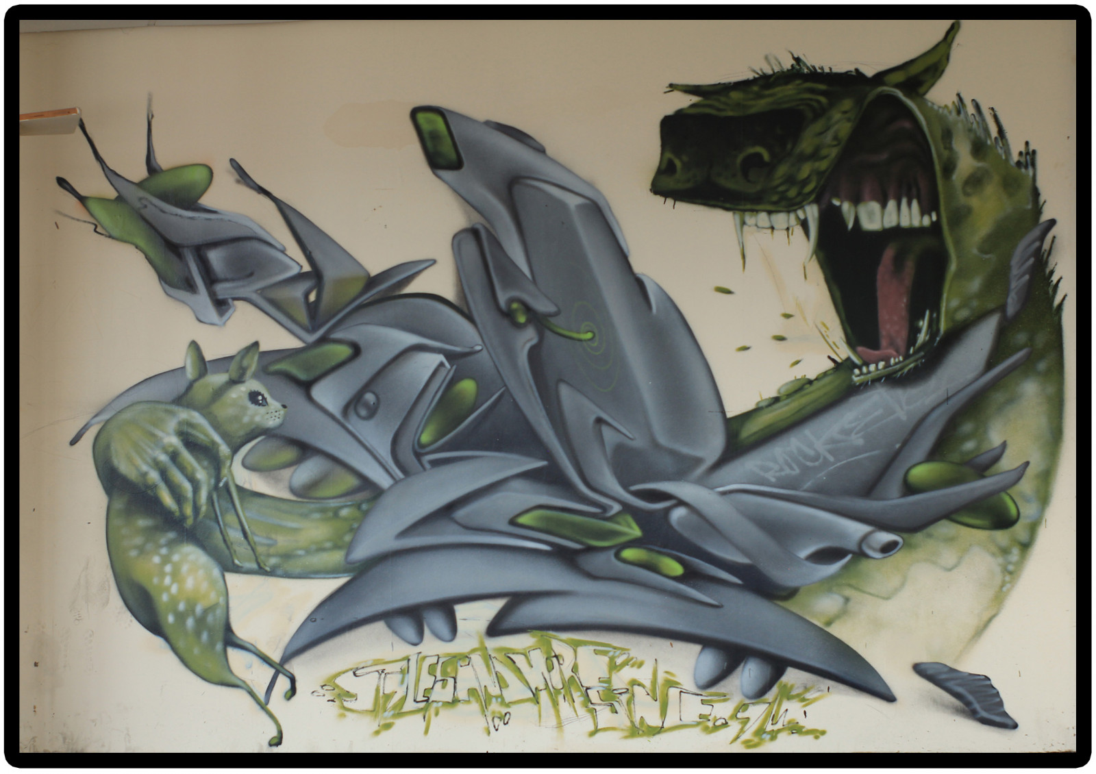 illustration, gade, 3D, forladt, grøn, trække på, ulv, tænder, graffiti, spray, lærred, Urbex, KUNST, Karakter, maling, fauna, Sheffield, forladte, aerosol, grafik, bio, fiktiv karakter, bildesign, fabelvæsen, hyæne, organisme, mekanisk, rocket01