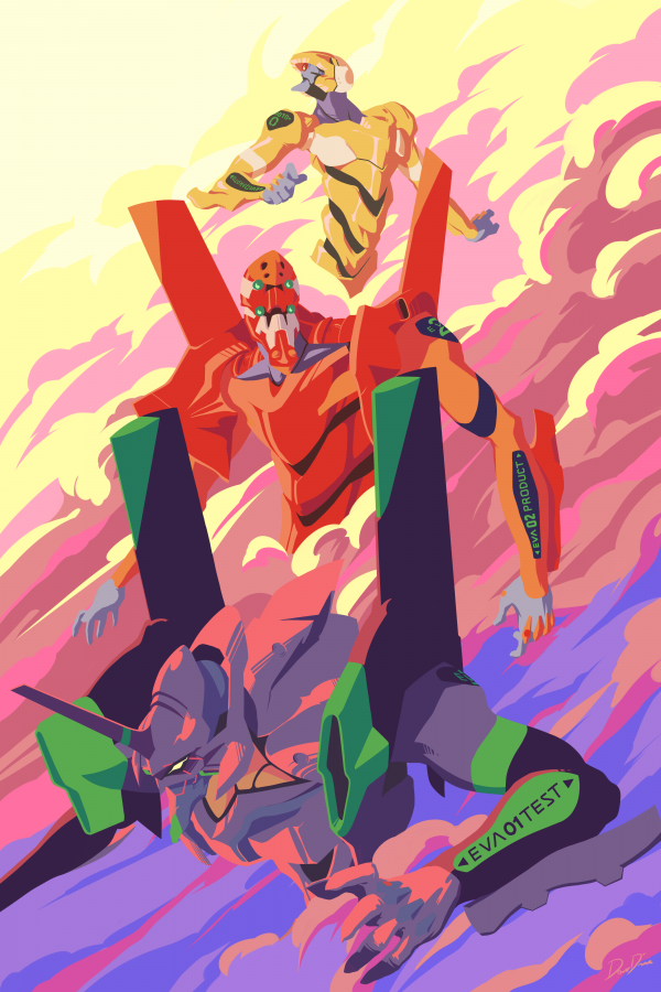 Neon Genesis Evangelion,2D,mech,clouds,EVA Unit 00,EVA Unit 02