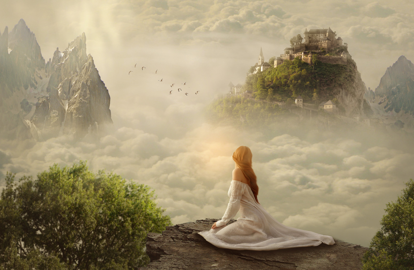 Wallpaper : sunlight, trees, mountains, Photoshop, birds ...