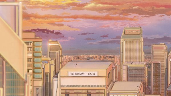 building,digital art,city,anime city,sunset glow,sunset