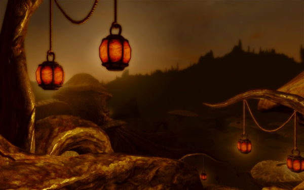 trees, landscape, digital art, video games, rock, night