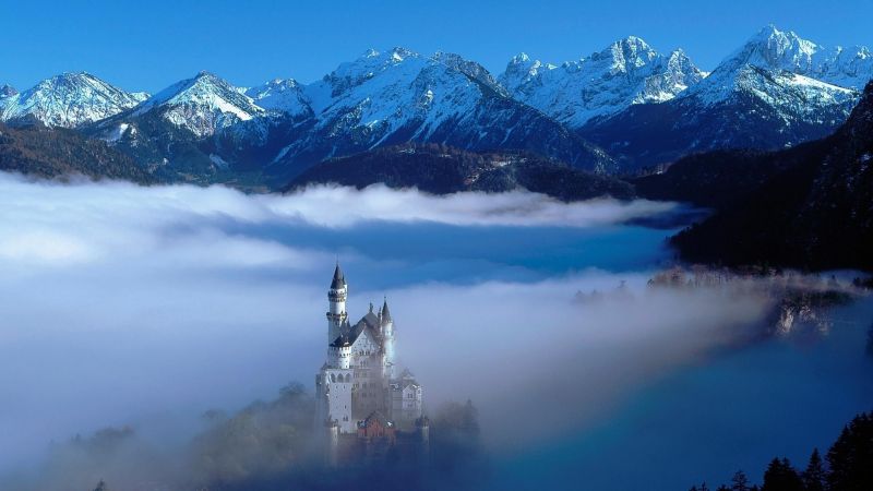 lago, reflexión, nieve, Nubes, castillo, Mañana lago, reflexión, nieve, Nubes, castillo, Mañana