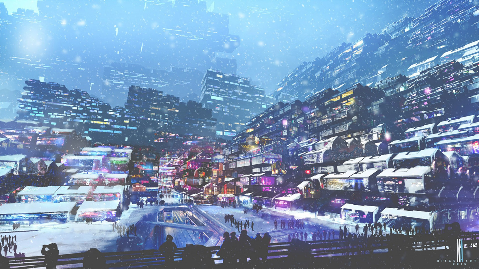 Đèn, những người, nghệ thuật số, Thành phố, Cảnh thành phố, đêm, Cyberpunk, tuyết, mùa đông, tương lai, Tác phẩm nghệ thuật, Đường chân trời, Nhà chọc trời, thị trấn, Thủ đô, Trung tâm thành phố, Thời tiết, khu vực thành thị, Bầu khí quyển của trái đất, khu vực đô thị, định cư, chụp ảnh trên không