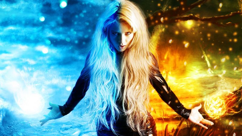 digitální umění, ženy, fantasy umění, blondýnka, led, oheň digitální umění, ženy, fantasy umění, blondýnka, led, oheň