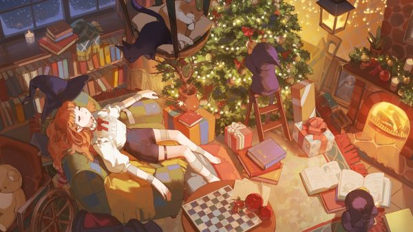 anime girls,high angle,Christmas,chessboard,Christmas Tree,interior