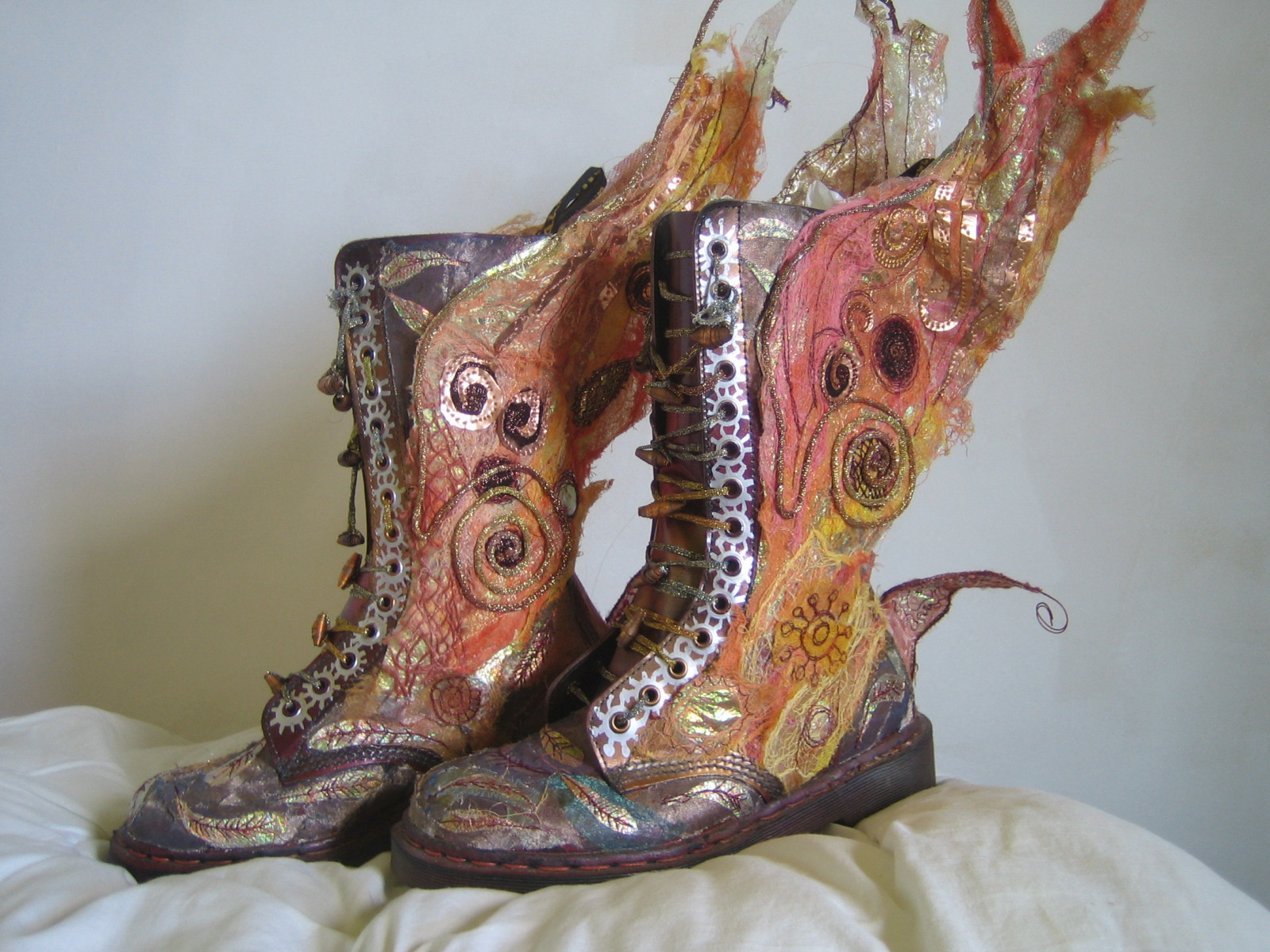 Steh, boty, tkanina, Perseus, UMĚNÍ, dekorace, ruční, střevíc, obuv, textil, výšivka, docmartens