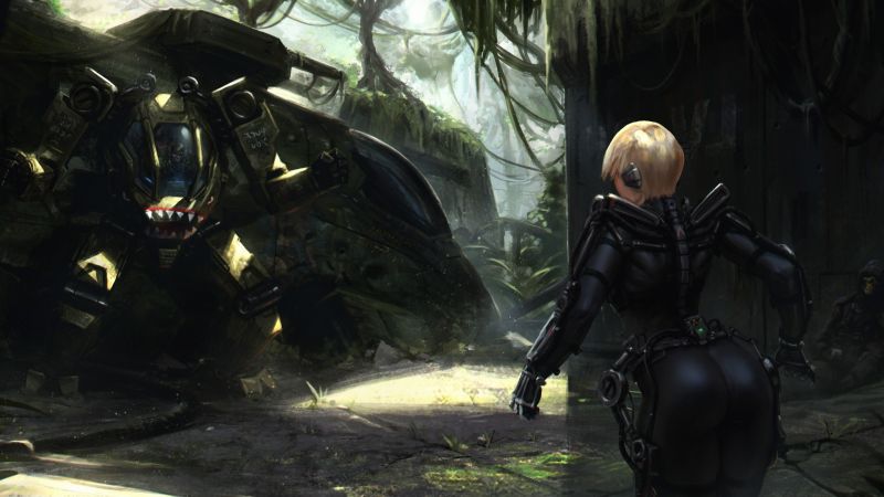 umělecká díla, digitální umění, džungle, planeta, 2560x1440 px, Mech umělecká díla, digitální umění, džungle, planeta, 2560x1440 px, Mech
