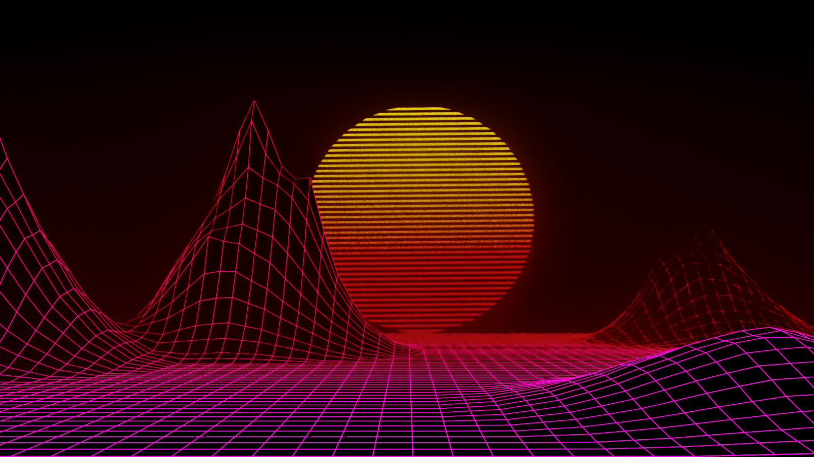 Retrowave, polygon teknik, solnedgang, bakker, scanlines