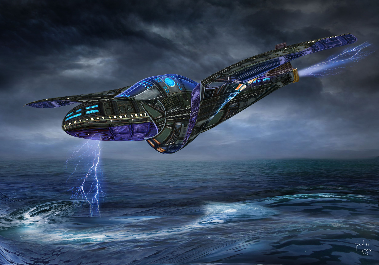 oceán, digitální, modrý, železo, moře