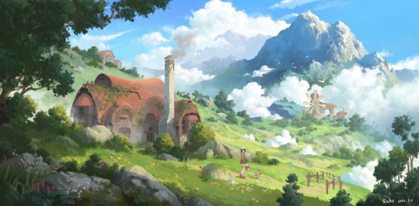 illustration,mountains,trees,sky,clouds,concept art