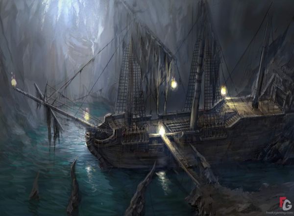 ship, sailing ship, fantasy art, sea, reflection, vehicle