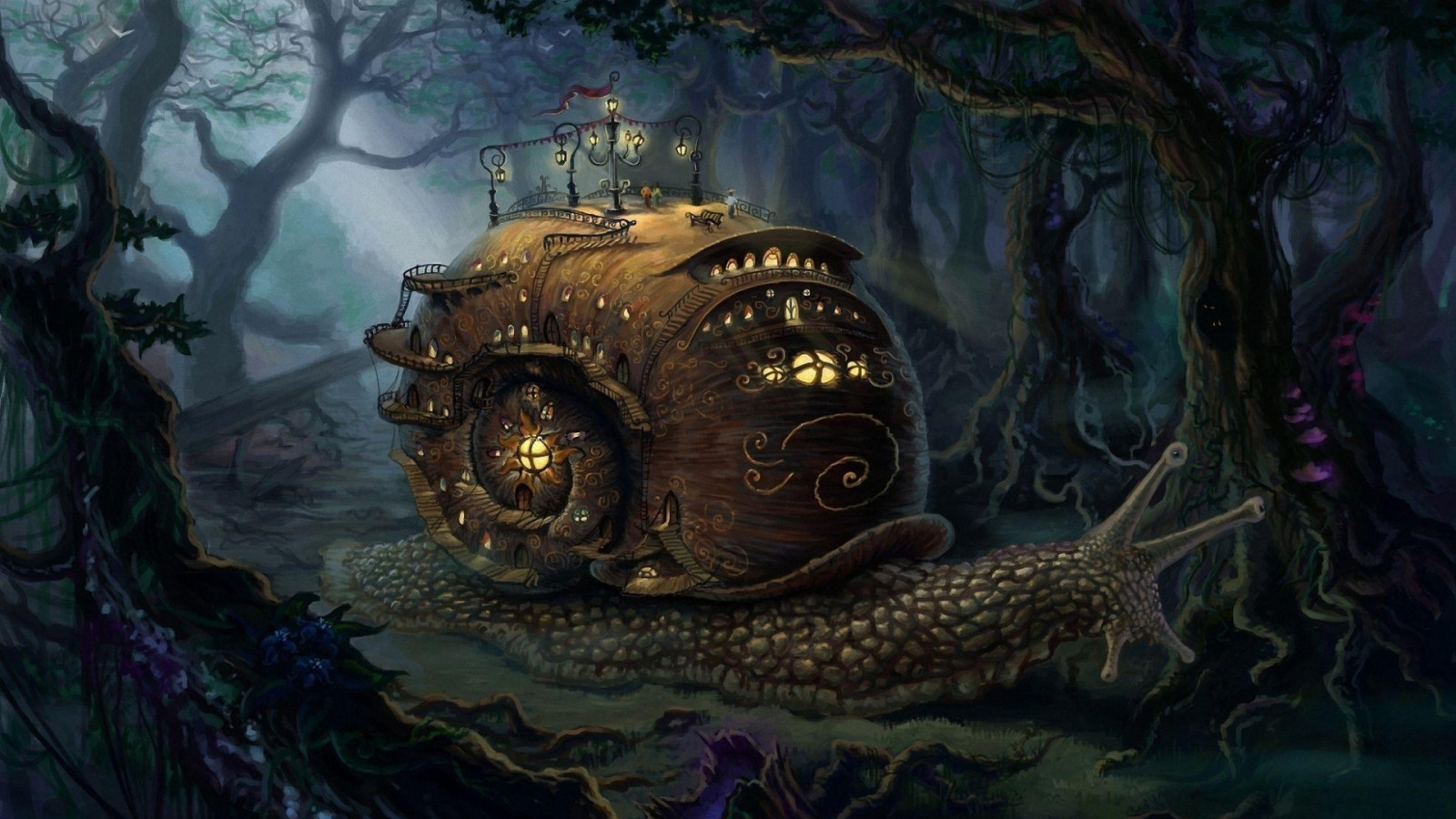 1920x1080 px, MŰVÉSZET, városok, fantázia, erdő, tájak, csiga, steampunk, fák