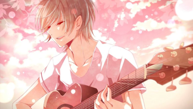 illustrazione, occhi chiusi, anime, ragazzi anime, capelli corti, chitarra