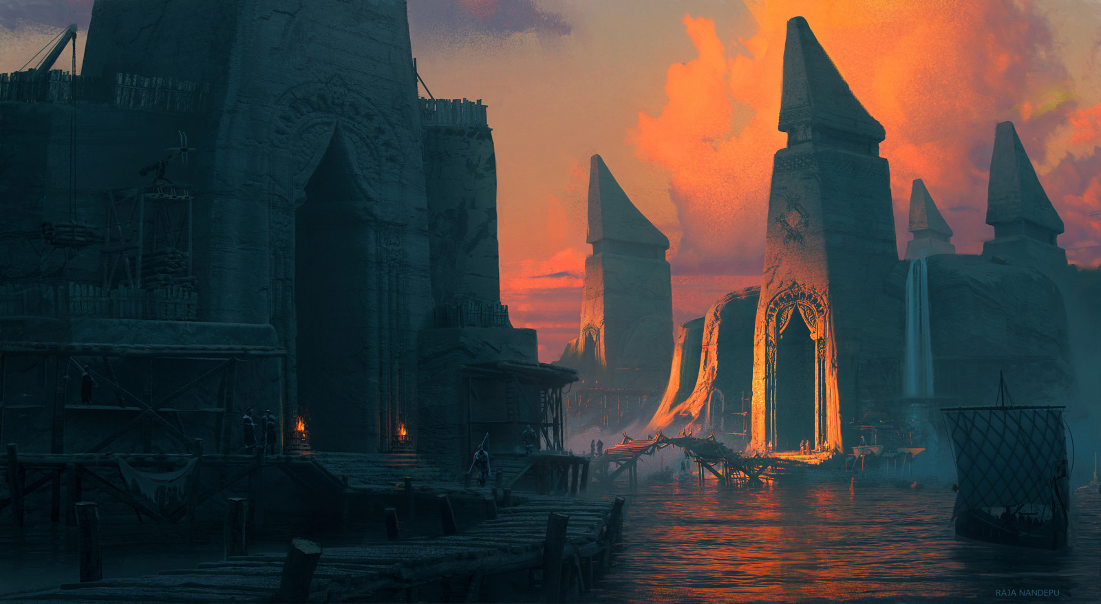 vand, Sky, atmosfære, himmel, bygning, skumring, atmosfærisk fænomen, tårn, morgen, båd, solopgang, by, efterglød, solnedgang, sø, horisont, bybilledet, højhus, KUNST, cg artwork, aften, afspejling, landskab, Spir, illustration, dis, daggry, rød himlen om morgenen, nat, skyline, turistattraktion, tåge, Turisme, spil