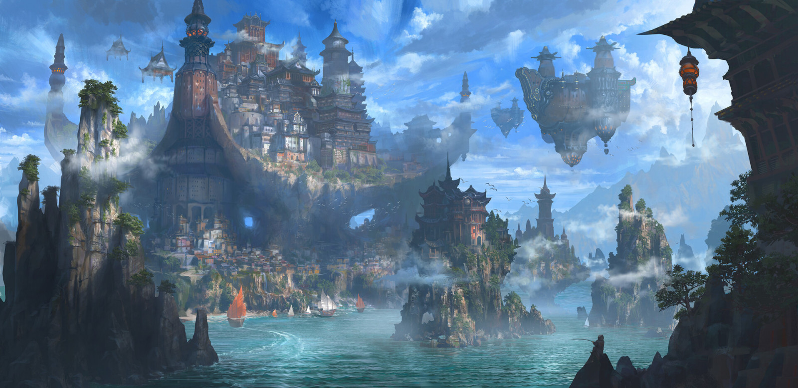 Hwanggyu Kim, arte digitale, Fantasy art, paesaggio urbano, paesaggio, architettura asiatico, palazzo