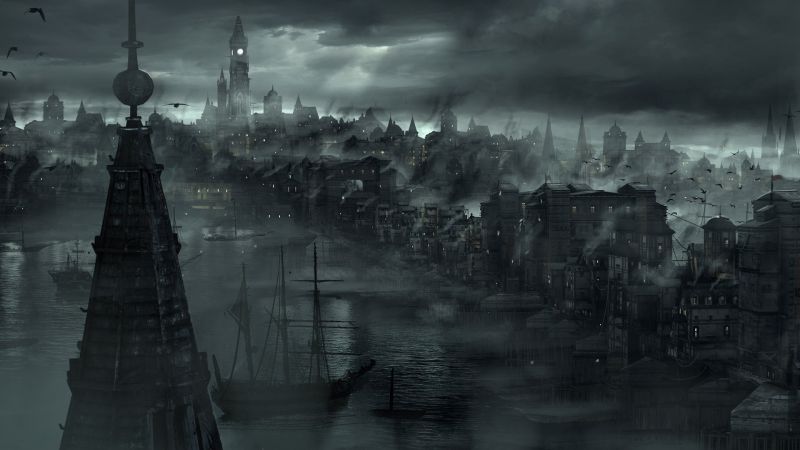 černobílý, temný, panoráma města, odraz, loď, město černobílý, temný, panoráma města, odraz, loď, město