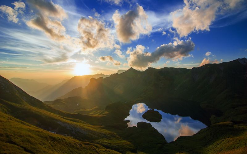 slunečnímu záření, krajina, západ slunce, kopec, jezero, voda slunečnímu záření, krajina, západ slunce, kopec, jezero, voda