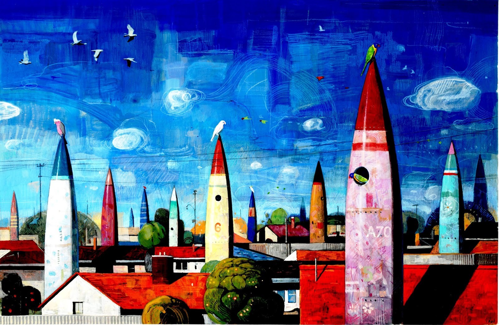 Bäume, bunt, Malerei, digitale Kunst, Vögel, Fantasiekunst, die Architektur, Gebäude, Kunstwerk, Wolken, Haus, Skyline, Stadt, Welt, Dächer, Rakete, Raketen, KUNST, Bildschirmfoto