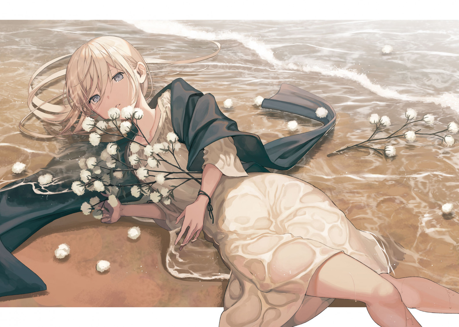 strand, blond, blauwe ogen, lang haar, bloemen, kaap, nat, water, jurk