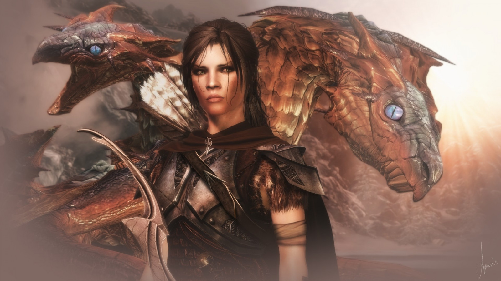 ilustrace, ženy, drak, The Elder Scrolls V Skyrim, mytologie, dvojčata, skica, Snímek obrazovky, fiktivní postava, žena bojovník