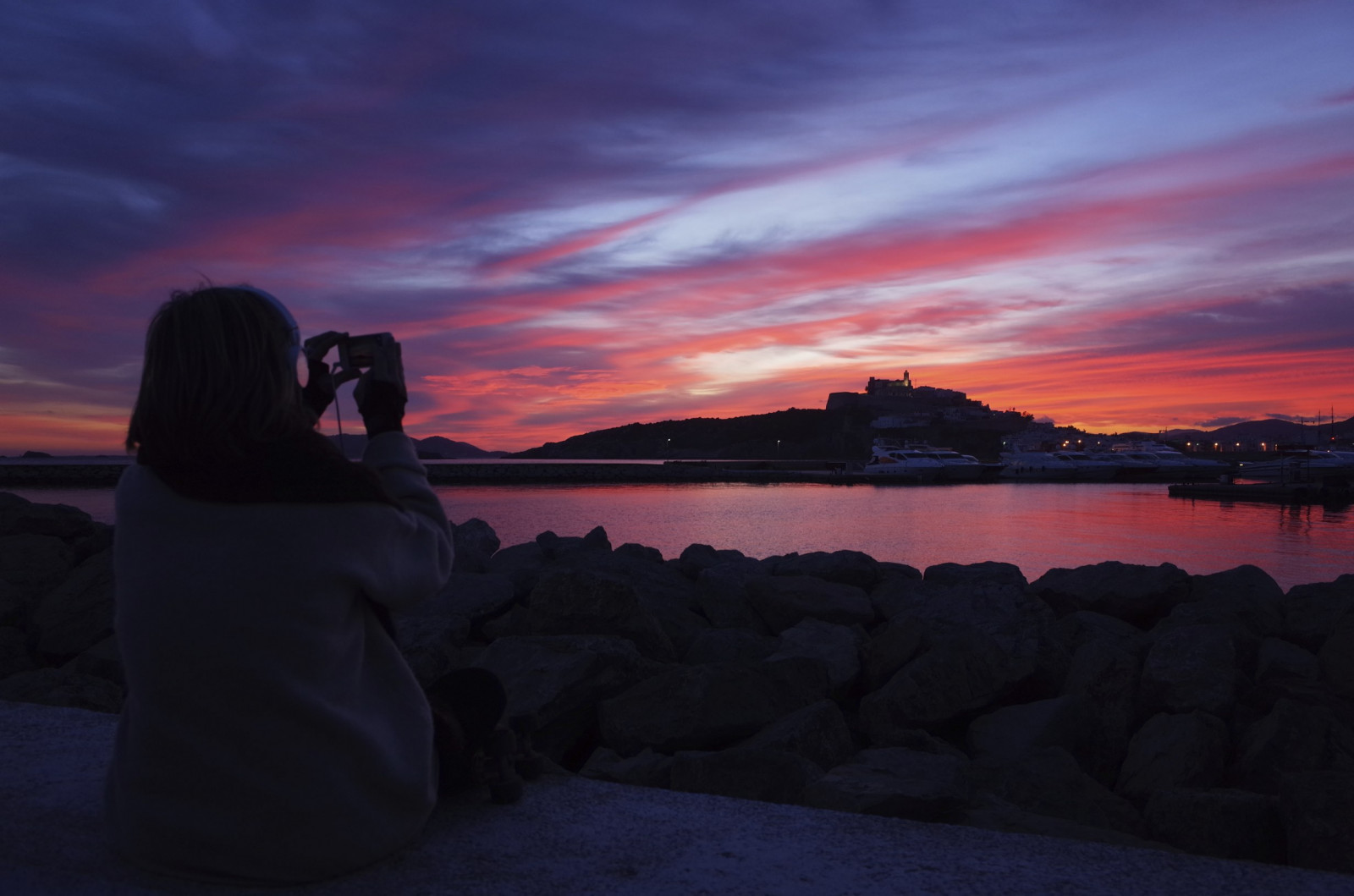 západ slunce, moře, nebe, lidé, mrak, ibiza, ricohgr