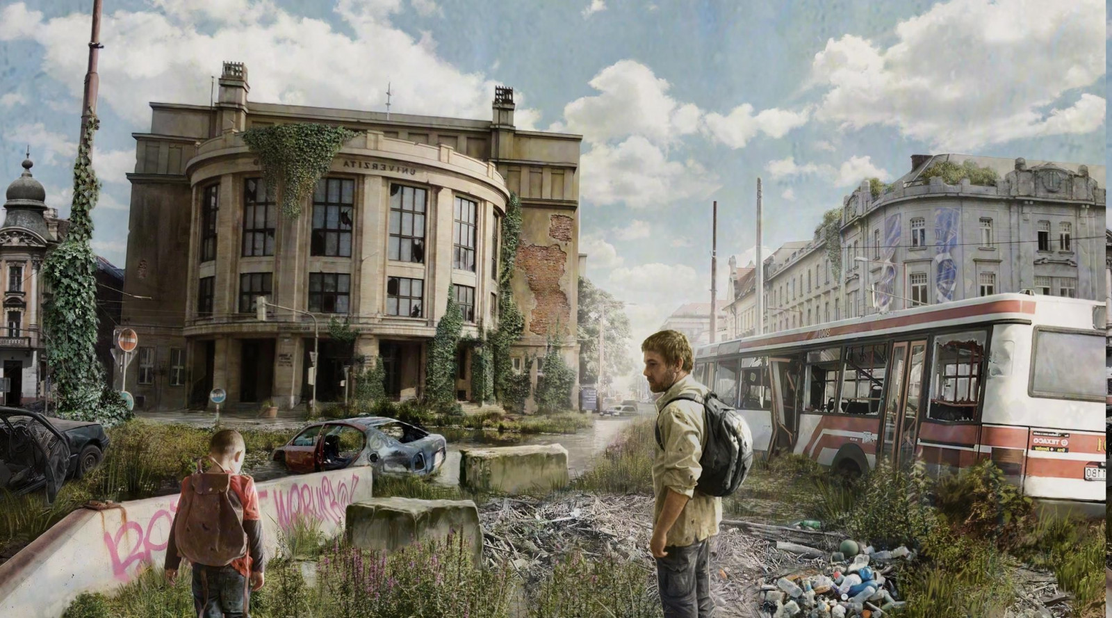 muži, digitální umění, videohry, město, panoráma města, budova, apokalyptický, zřícenina, mraky, batohy, Cestovní ruch, vrak, město, autobusy, Poslední z nás, Slovensko, Bratislava, panské sídlo, vodní, zájezdy, Vysoké školy, 2011x1118 px