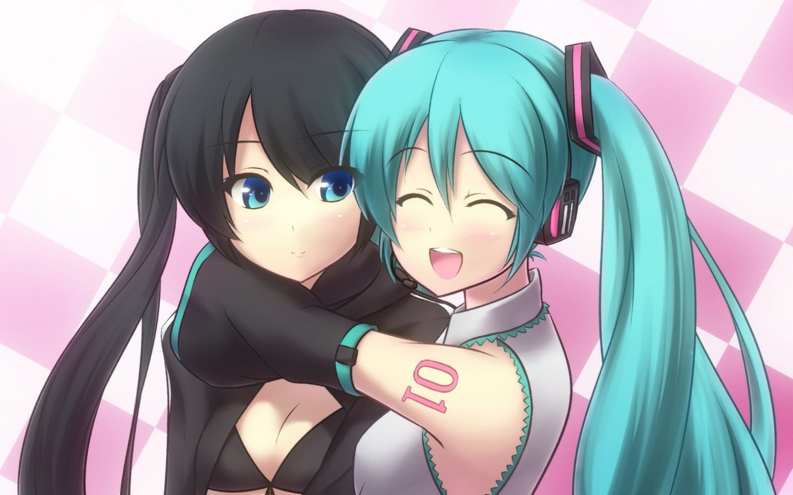 chicas, Hatsune Miku, abrazo, Alegría, Confusión