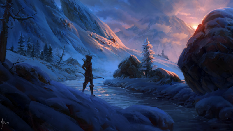 Fantasy sztuki, śnieg, zimowy, łucznik, górskie przejście, Teren Fantasy sztuki, śnieg, zimowy, łucznik, górskie przejście, Teren