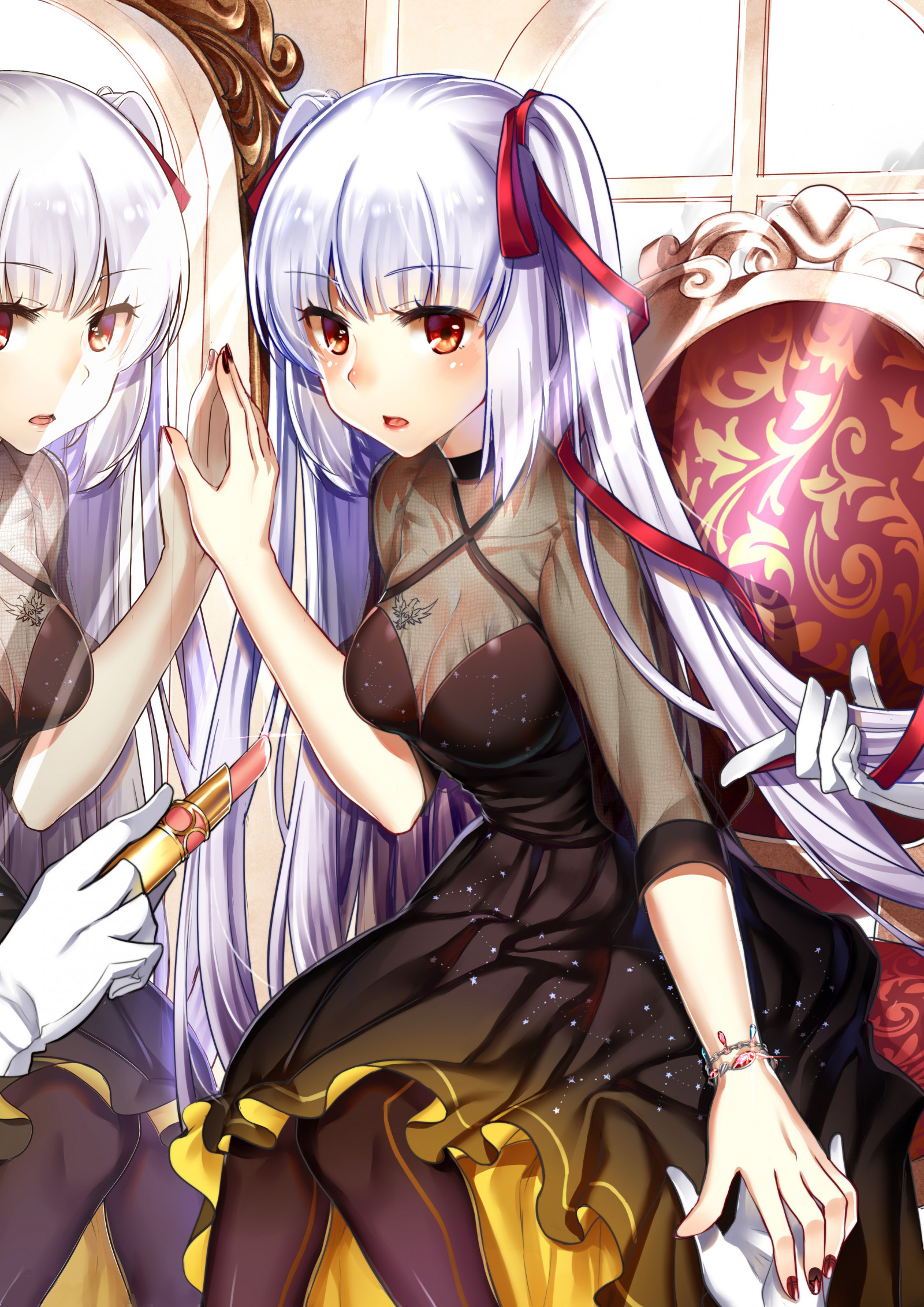 ilustrace, dlouhé vlasy, anime, anime dívky, fialové vlasy, šaty, tetování, kreslená pohádka, vidět skrz oblečení, výstřih, červené oči, open shirt, komiks, Zhanjian Shaonu, mangaka, komiks