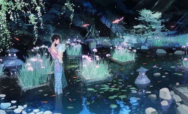 anime girls,fish,reflection,plants,grass,pond