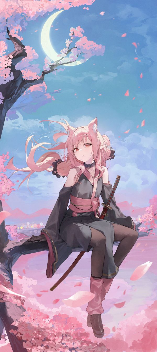 original characters,petals,portrait display,pink hair,crescent moon,long hair