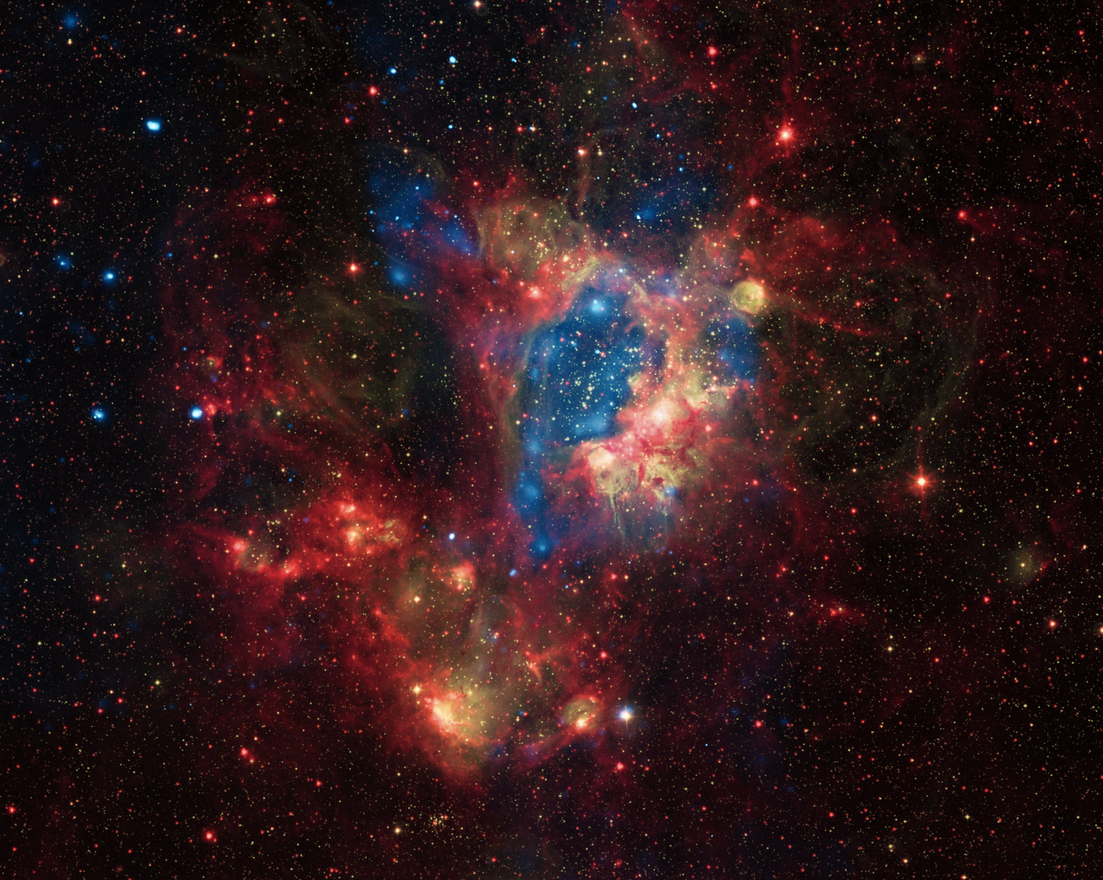 NASA, mlhovina, astronomie, vesmír, Spitzerspacetelescope, N44, Starcrust, Bigmagellaniccloud, Xraytelescope, Superbubble, Chandraxrayobservatory, Ngc1929, 22mmaxplanckesoteleskop