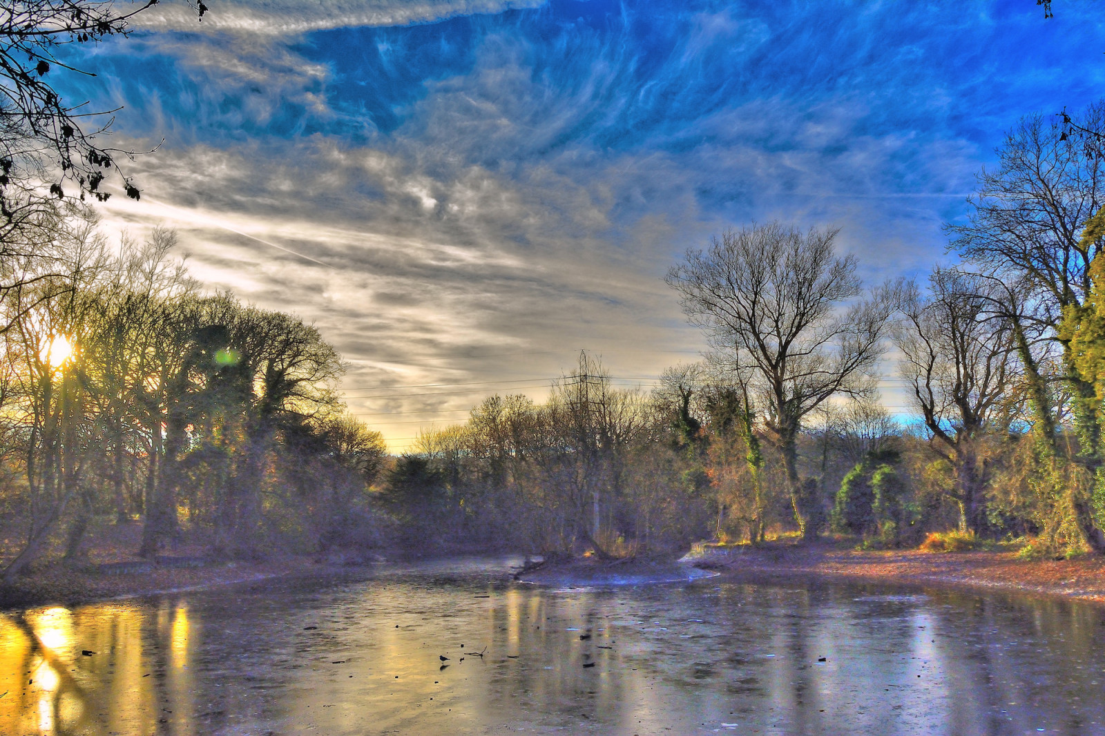 stagno, lago, alberi, cielo, nuvole, luce del sole, hampdenpond, Wendover, Nikon, D5200, 1.855 millimetri, HDR, pilone, isola, acqua, albero, paesaggio, buckinghamshire