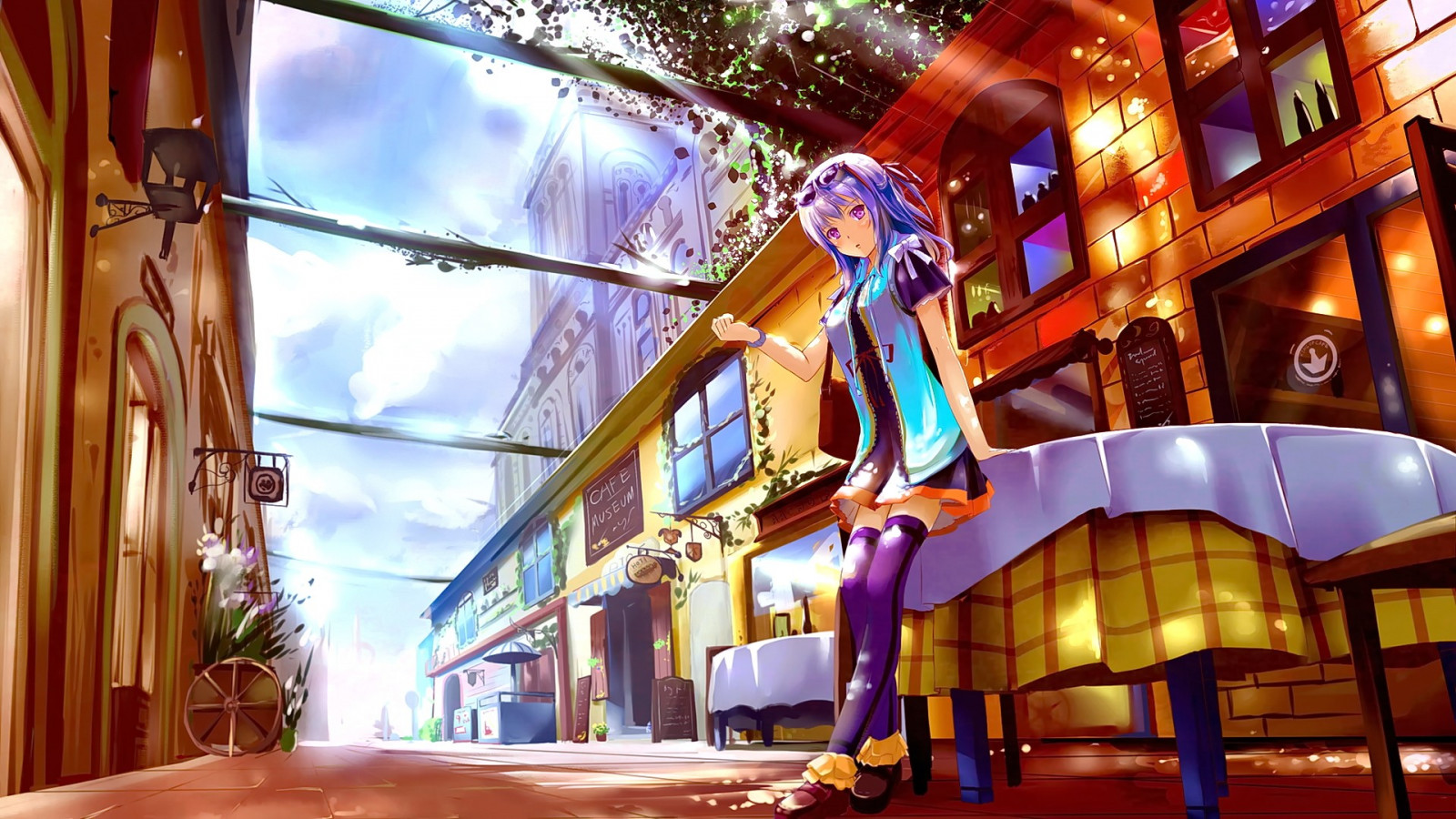 sluneční brýle, anime, anime dívky, krátké vlasy, při pohledu na diváka, park, Původní znaky, gumička do vlasů, letovisko, Snímek obrazovky, zábavní park