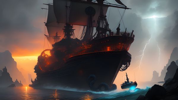 Stable Diffusion,4k,ai art,ship,ocean battle,creature