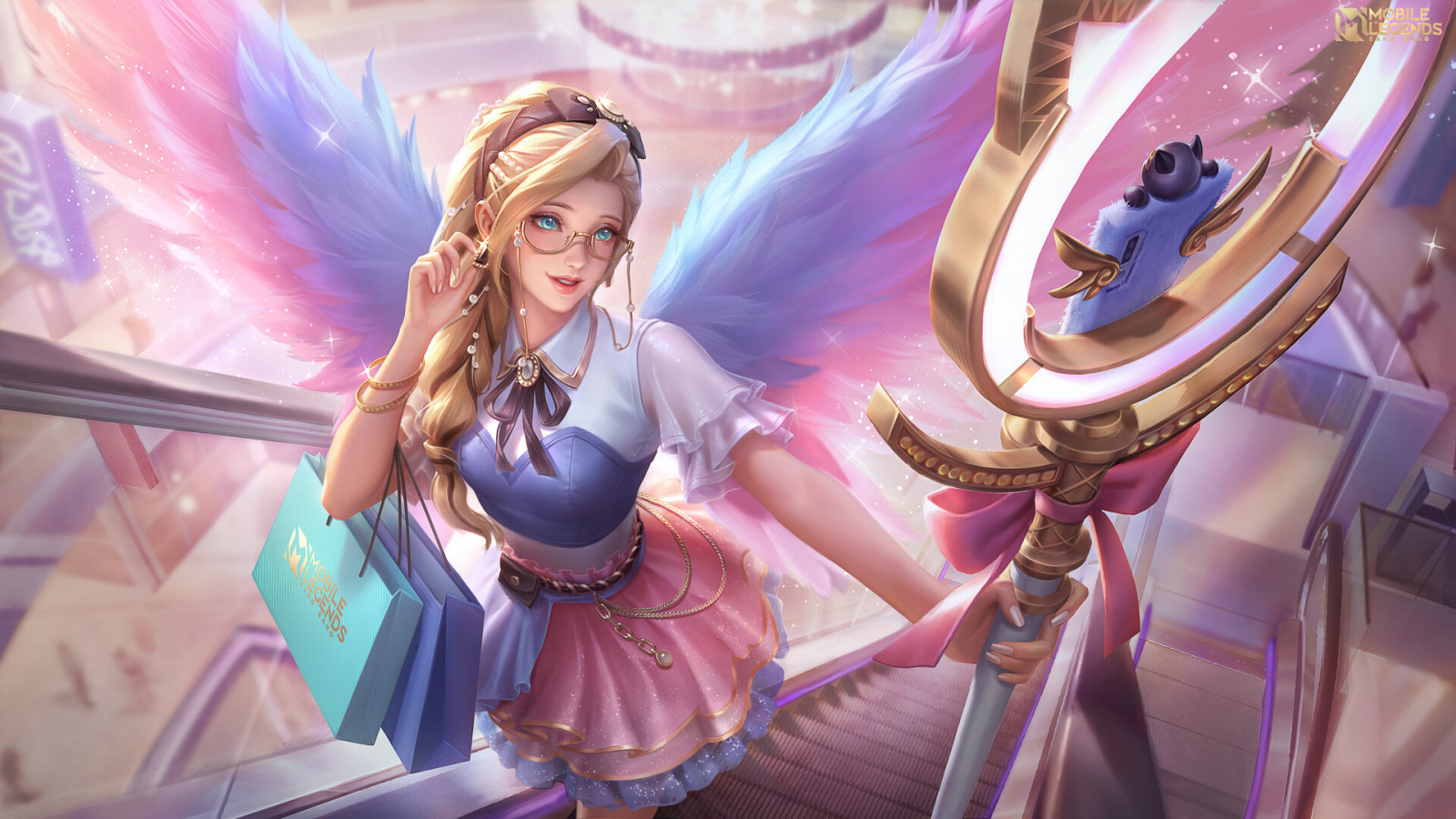 Gagaya, výkres, Mobile Legends, blondýnka, high angle, růžový, personál, schody