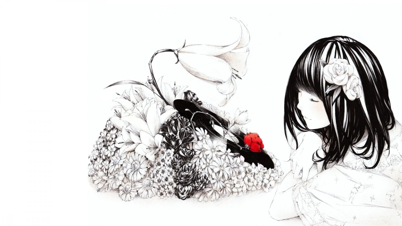 Zeichnung, Illustration, einfarbig, Blumen, Karikatur, Phonographen, Flügel, skizzieren, Schwarz und weiß, Monochrome fotografie