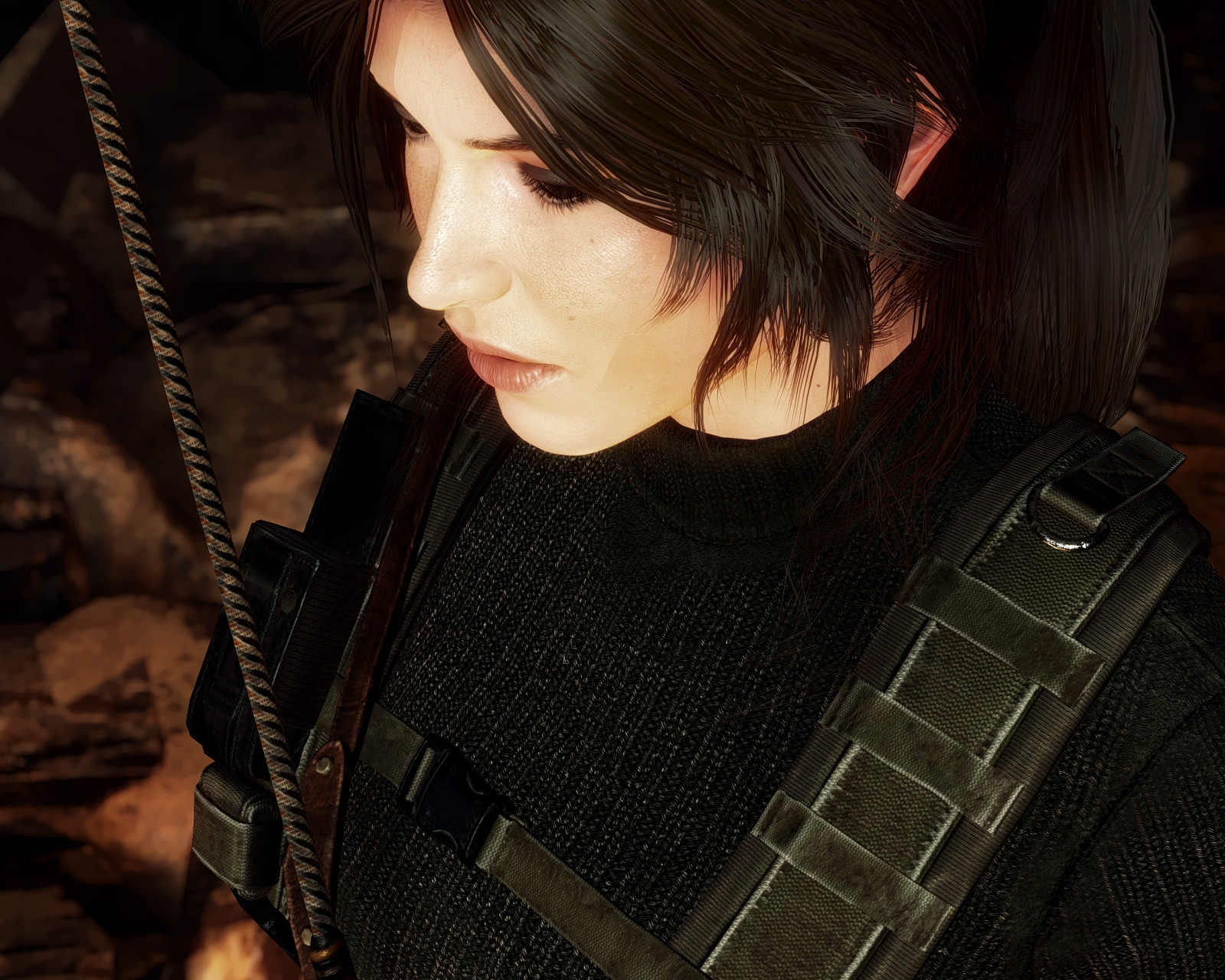 portrét, dlouhé vlasy, detailní, černé vlasy, scéna, dívka, tma, krk, myslel, hnědé vlasy, člověk barva vlasů, Lara Croft, Tomb Raider, Vzestupně