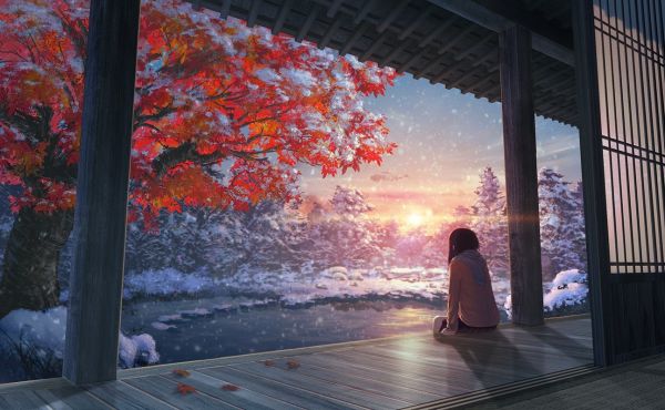 Japanese maple,1294x800 px,fall,forest,lake,snow
