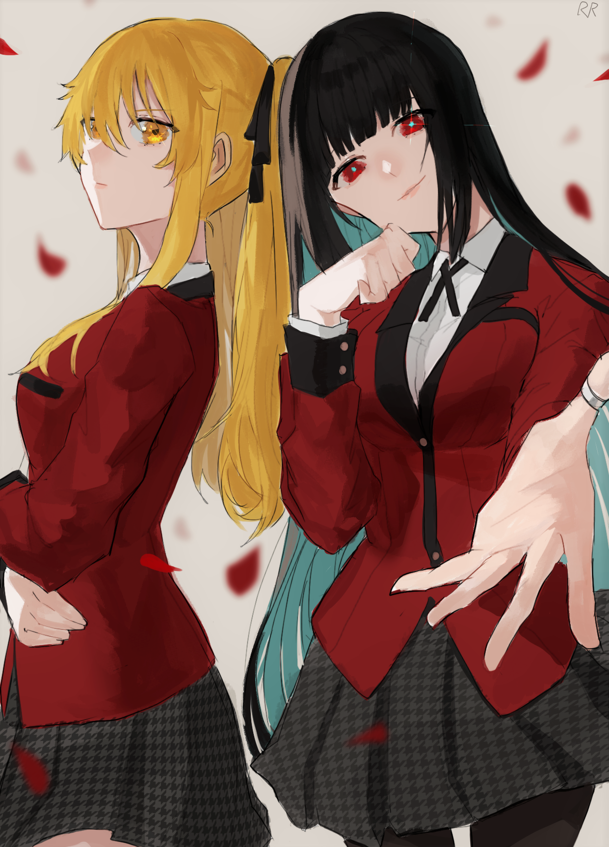 anime, anime dívky, Kakegurui, Jabami Yumeko, Saotome Meari, dlouhé vlasy, černé vlasy, twintails, blondýnka, two women, umělecká díla, digitální umění, fan art