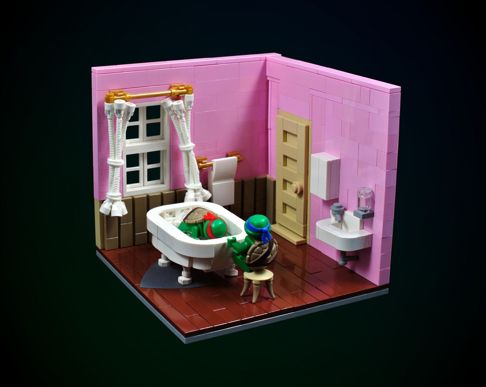 LEGO, moc, želvy, Ninjaturtles, TMNT, želvy Ninja, 1990, 90s, koupelna, vana, dřez, záclony