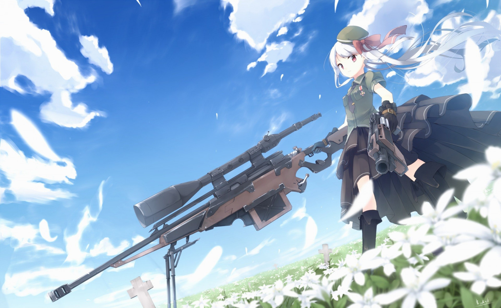 Hoa, Anime, Anime cô gái, Vũ khí, Ký tự gốc, Súng bắn tỉa, Ảnh chụp màn hình