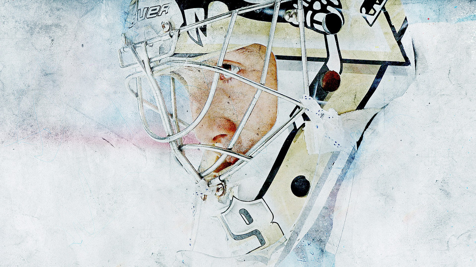 disegno, la pittura, bianca, illustrazione, inverno, parete, Hockey, maschera da hockey, Pittsburgh Penguins, Marc Andre Fleury, Fleury, ARTE, calzature, schizzo, 1920x1080 px, arte Moderna, pittura ad acquerello