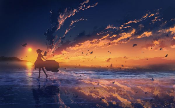 anime girls,artwork,anime sky,sky,sunset,sea