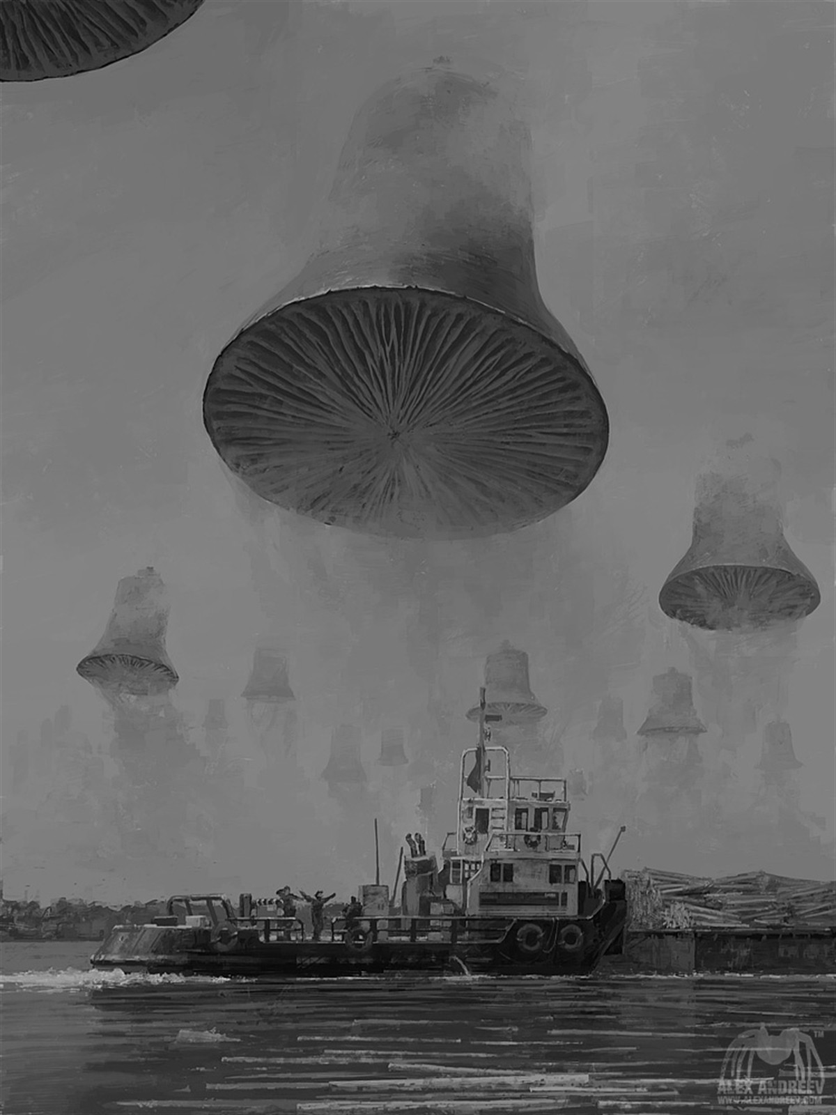 nave, monocromo, visualizzazione verticale, veicolo, opera d'arte, surreale, concept art, Alexey Andreev, Corazzata, nave fantasma, atmosfera della terra, bianco e nero, fotografia in bianco e nero