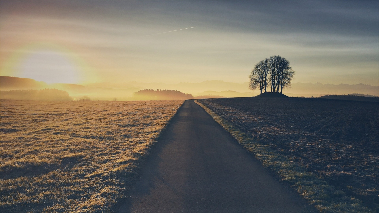 slunečnímu záření, stromy, krajina, západ slunce, moře, kopec, Příroda, odraz, tráva, nebe, silnice, svítání, večer, ráno, mlha, slunce, horizont, atmosféra, soumrak, mrak, hora, svítání, atmosférický jev