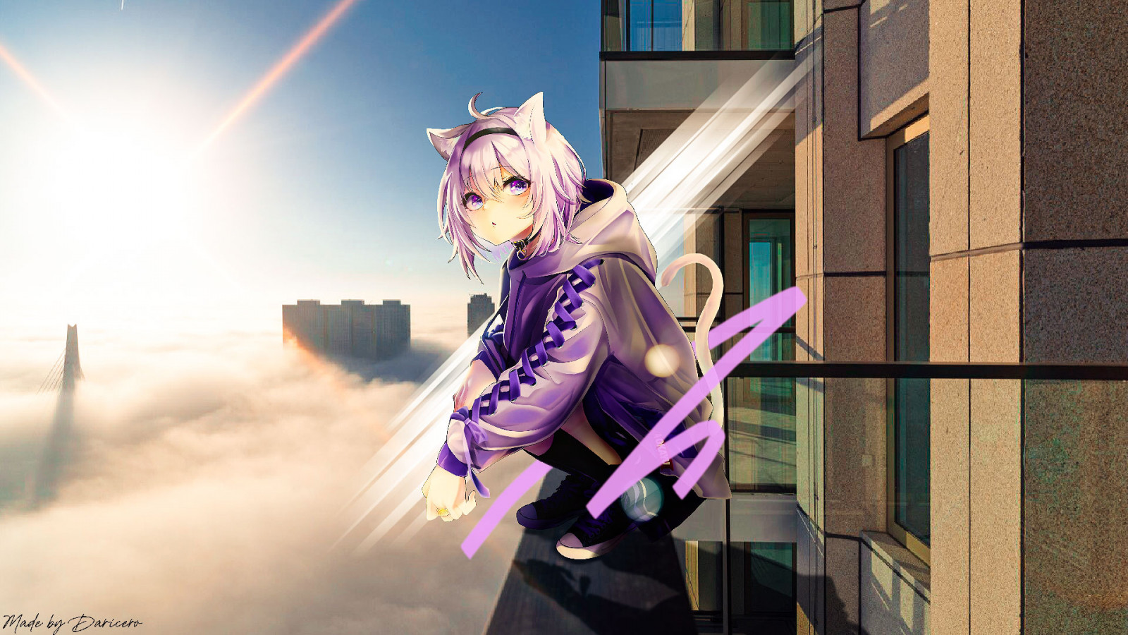 Wallpaper Nekomata Okayu, Hololive, cat girl, skyscraper, purple eyes