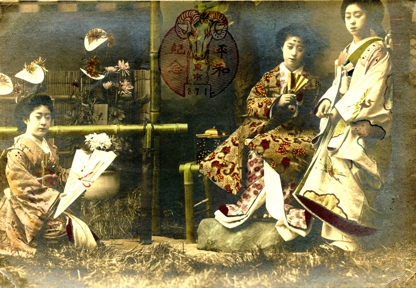 Giappone, giapponese, chimono, geisha, cartolina, Osaka, crisantemi, ARTE, Colorato, 1910, Yachiyo, Kiku, Sensu, Geiko, Meijiperiod, Cartolina a mano, Heianperiod, Crisantemofestival, Uchikake, ventaglio pieghevole, Tondaya, 1000 ° anniversario, Crisantemo giorno, Cartolina commemorativa, Le sopracciglia, Okimayu, Skybrows, Kikunosekku, Tomitaya