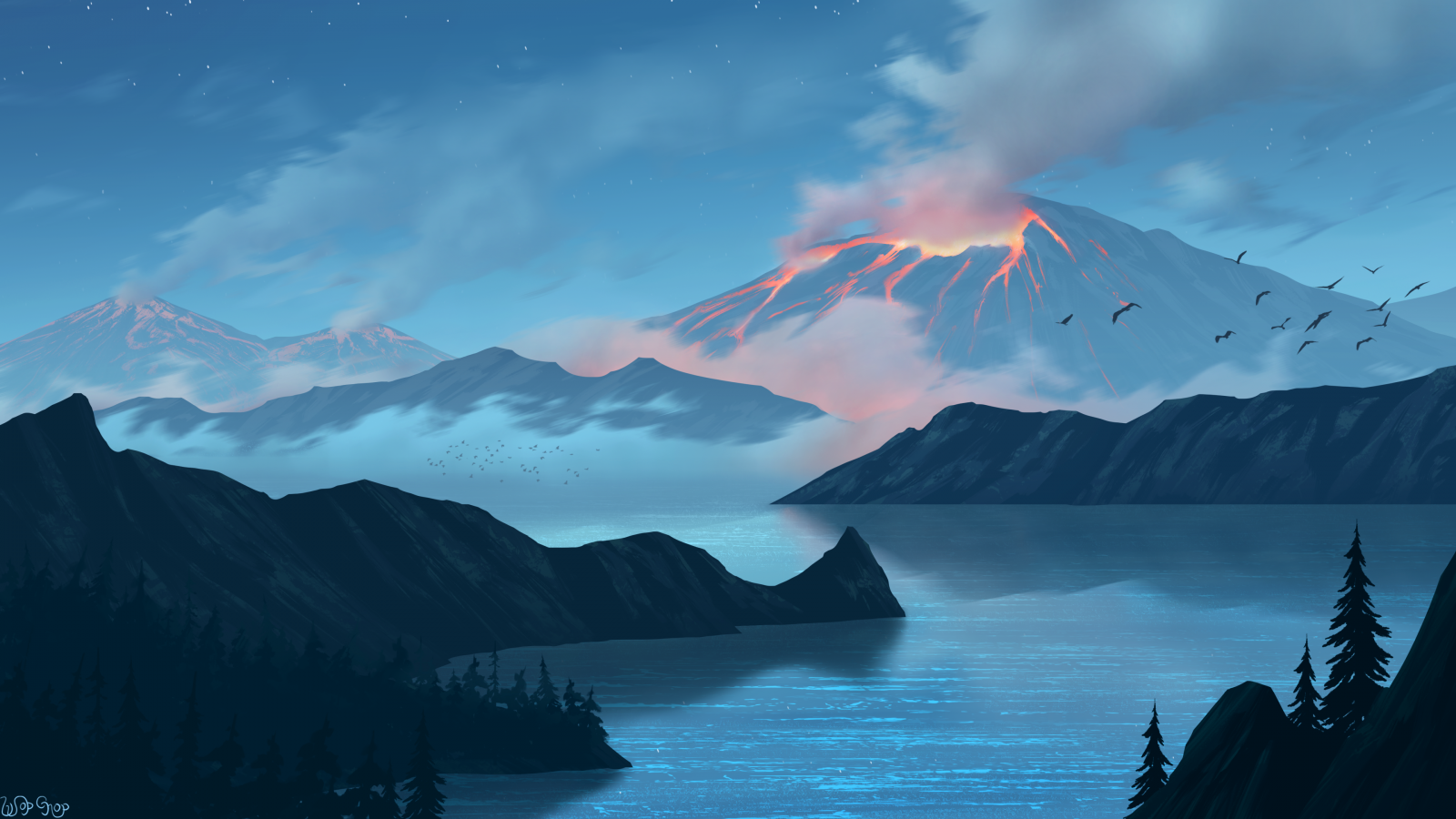 Wopgnop, ศิลปะดิจิตอล, ภาพประกอบ, แนวนอน, ธรรมชาติ, ภูเขาไฟ, การปะทุ, ทะเลสาบ, ภูเขา, น้ำ, ต้นไม้, นก, 4k, ลายน้ำ